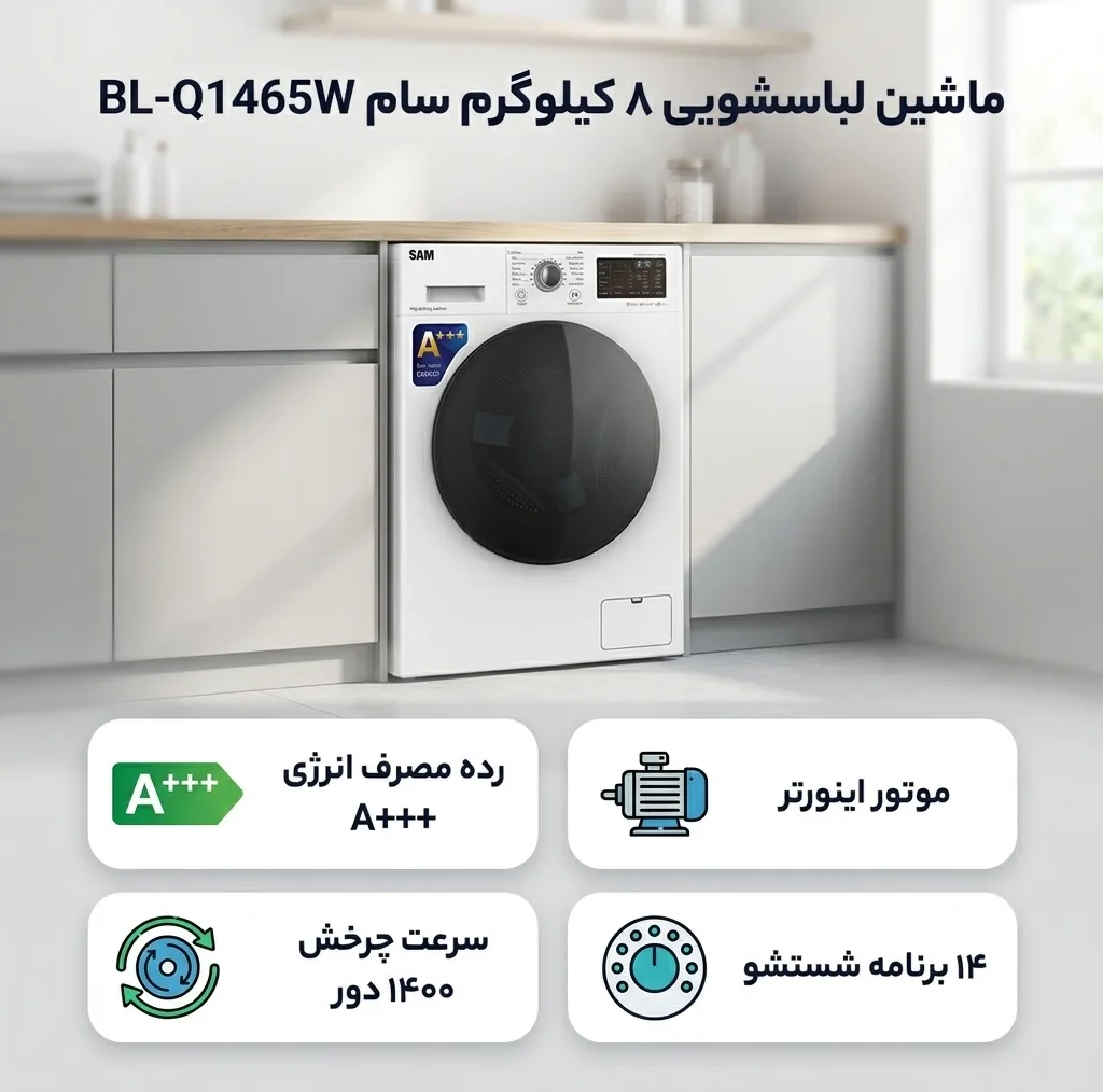 ماشین لباسشویی 8 کیلوگرم اتوماتیک سام مدل BL-Q1465W ظرفیت 8 کیلوگرم