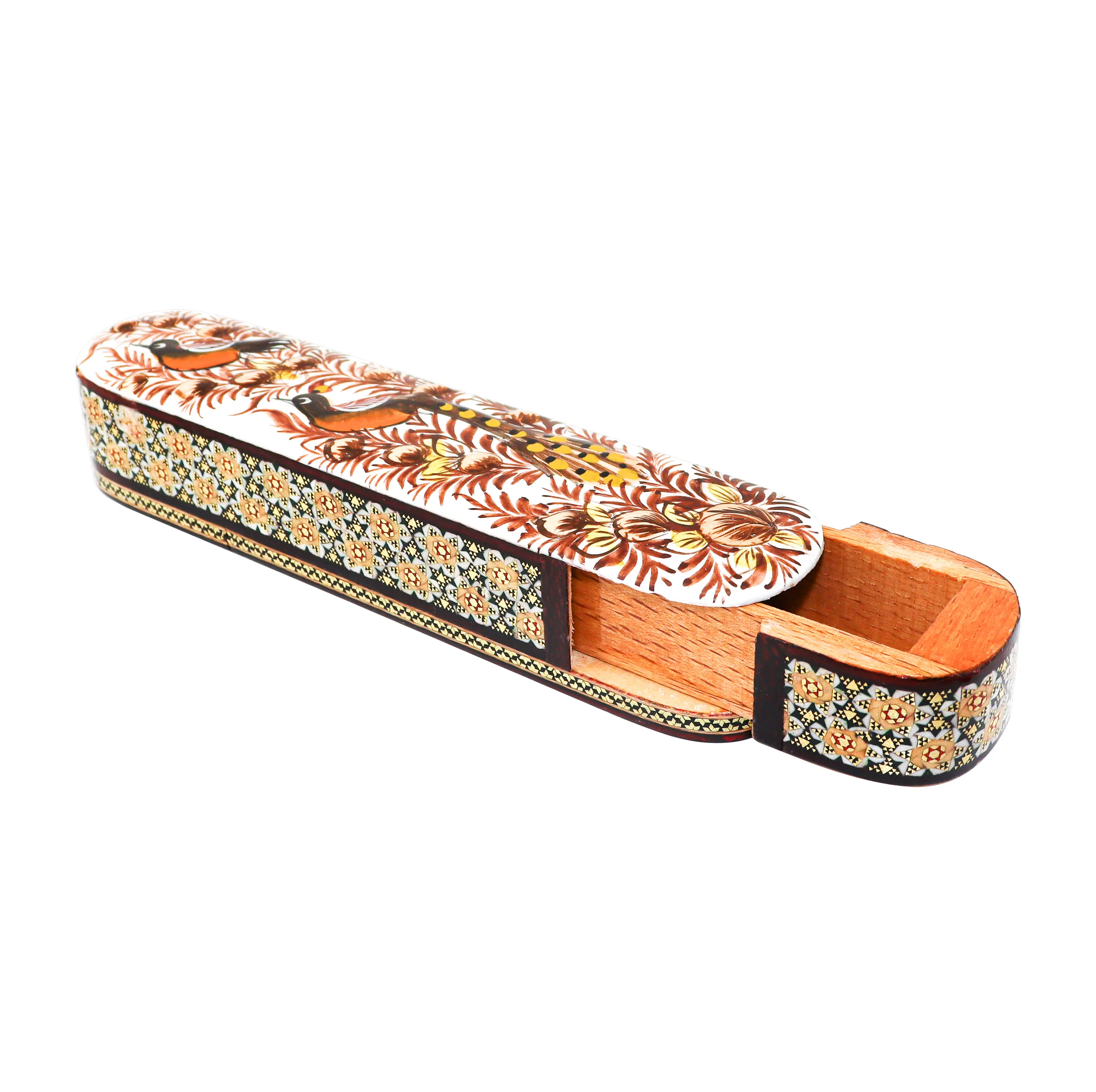 قلمدان خاتم کاری چوبی صنایع دستی فاخر مدل کشویی طرح گل و مرغ برجسته کد Br2043
