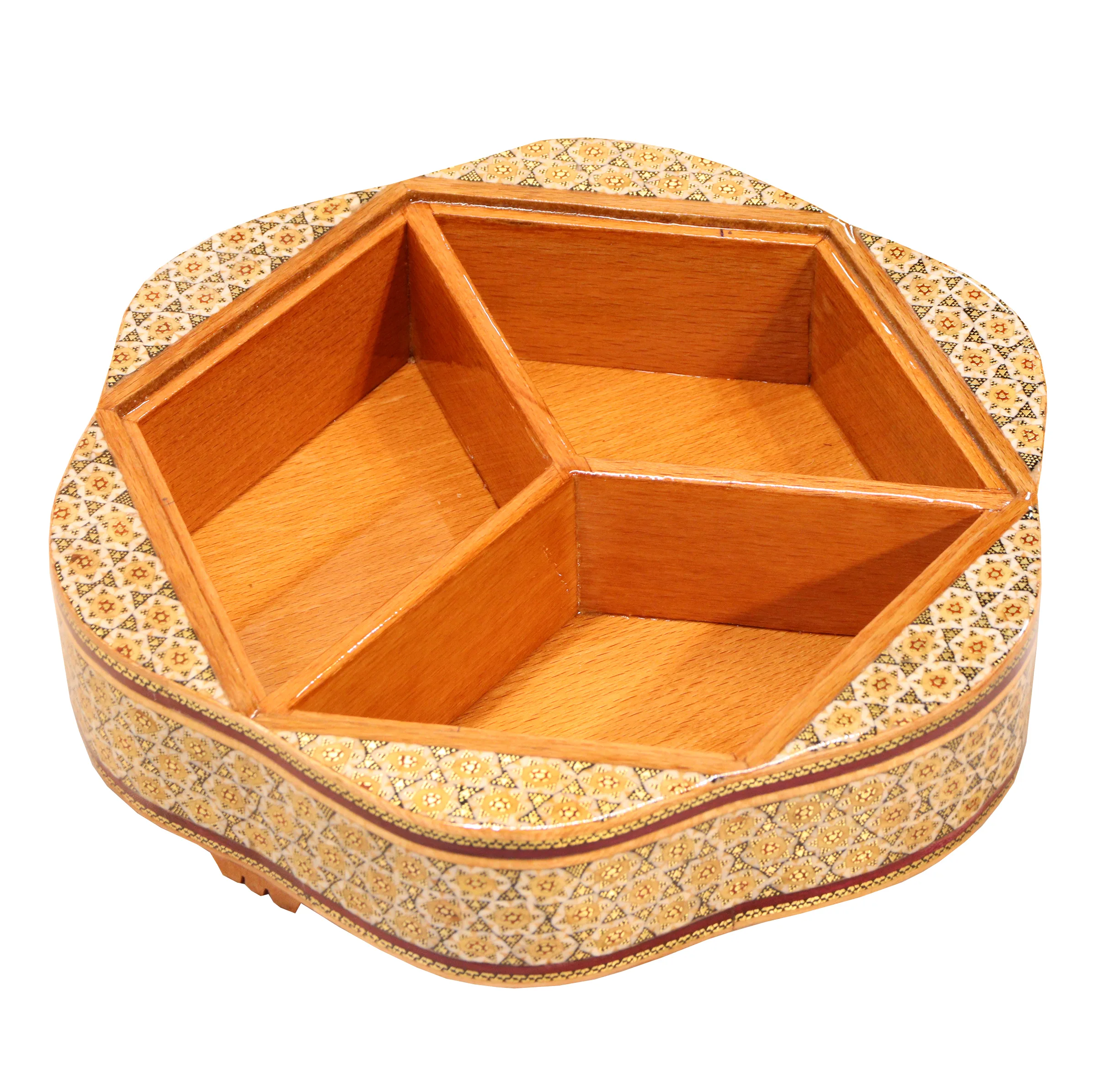 شکلات خوری خاتم کاری صنایع دستی فاخر مدل ممتاز 3 درب طرح گل و مرغ برجسته کد Gr3d26
