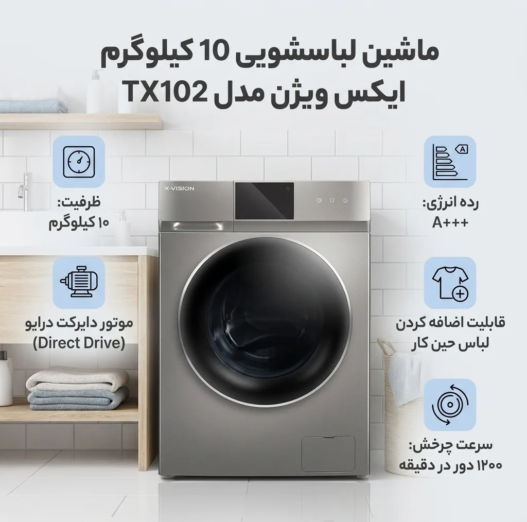 ماشین لباسشویی 10 کیلوگرم اتوماتیک ایکس ویژن مدل TX102-AWD/ASD