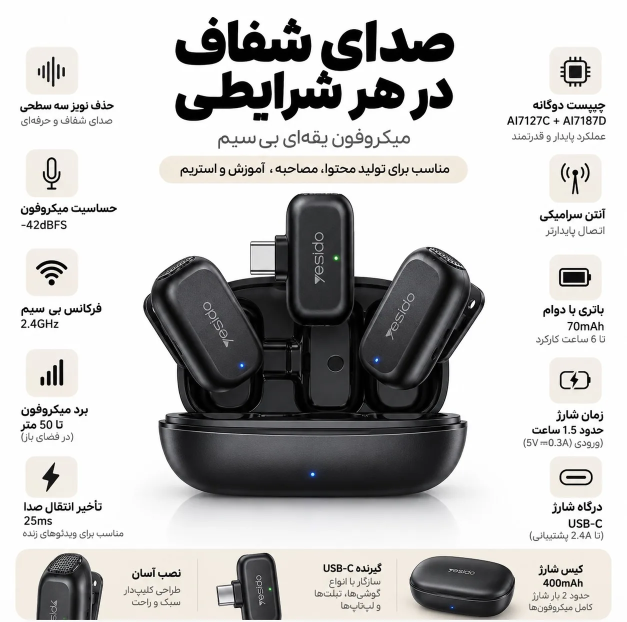 میکروفون یقه ای یسیدو مدل KR22 با درگاه اتصال Type-C
