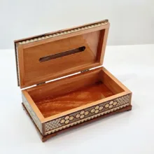 جعبه دستمال کاغذی خاتم کاری چوبی مدل کلبه ای لاله ای