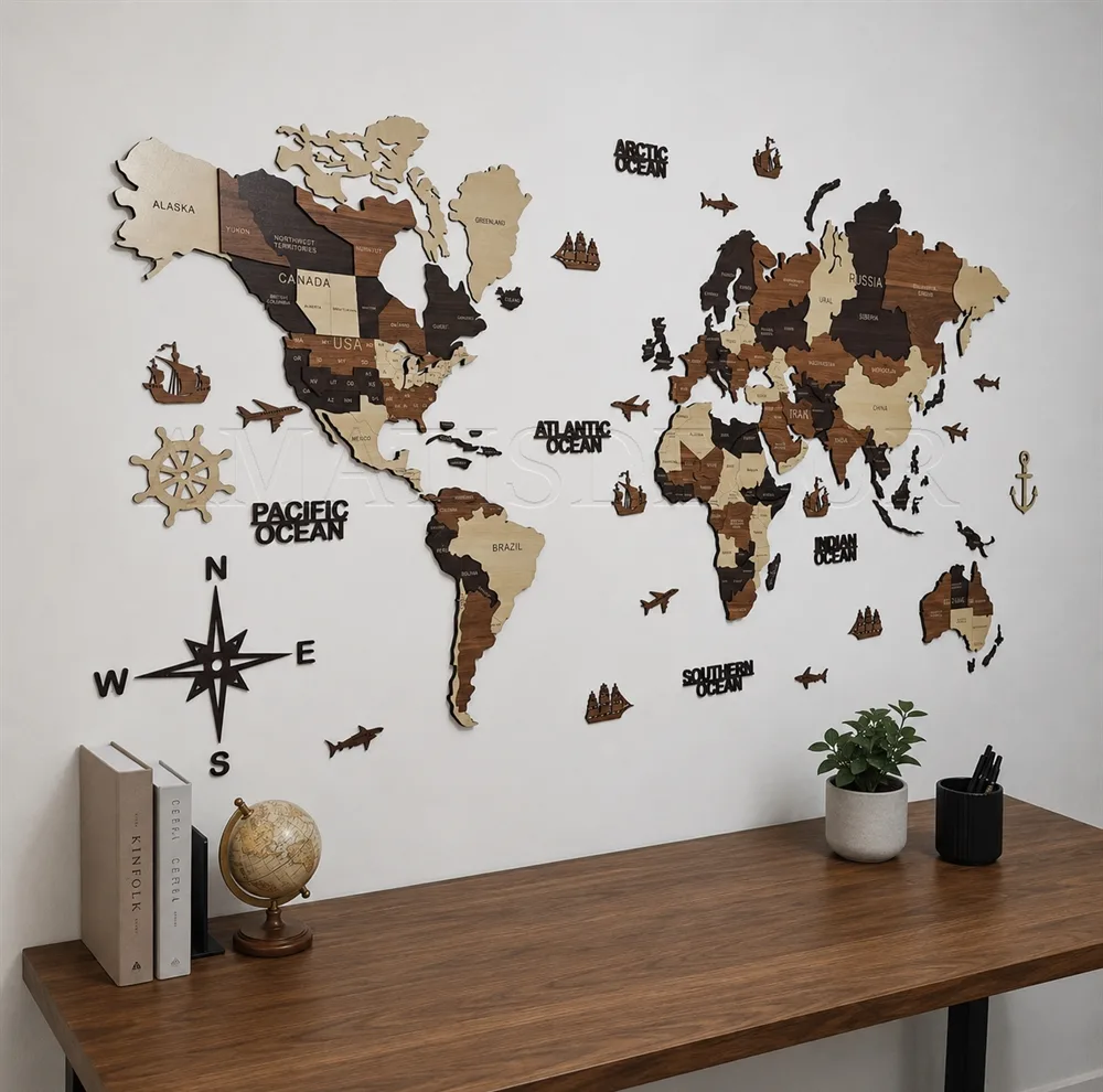 دیوارکوب آماتیس طرح نقشه چوبی جهان مدل 150CM