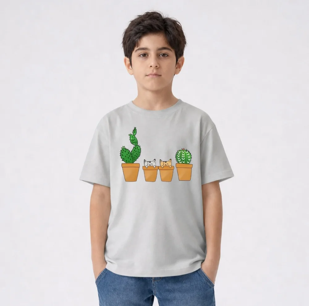 تی‌شرت آستین کوتاه بچگانه مدل کاکتوس و گربه کد v2