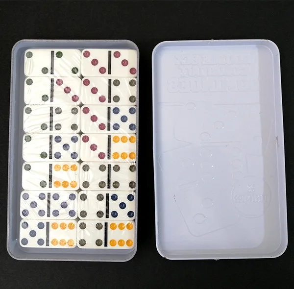 بازی فکری ناب سل مدل دومینو 28 عددی نقطه رنگی نشکن همراه با قاب فلزی کد DOUBLE SIX COLOR DOT DOMINOES NAAB002