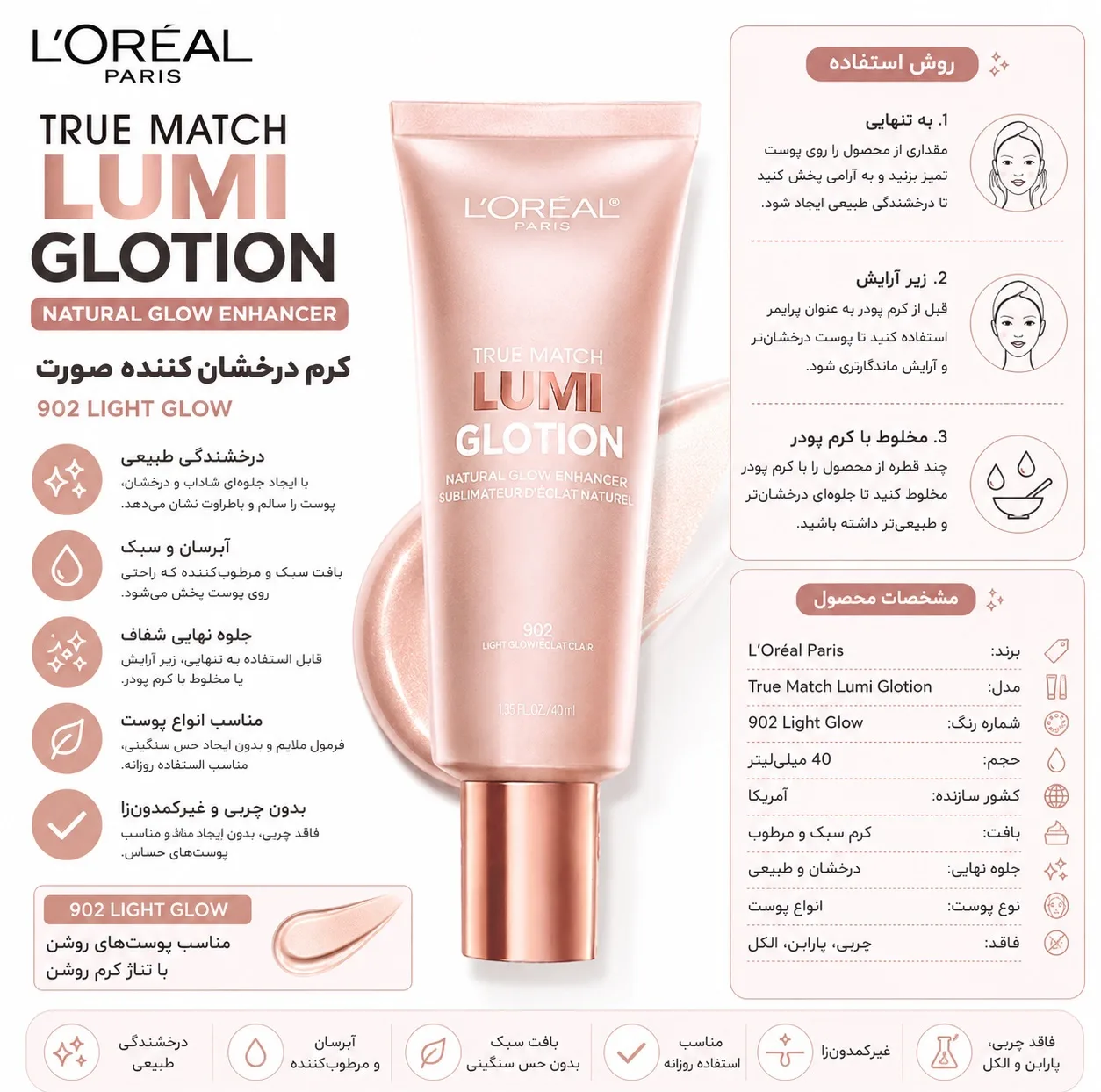 پرایمر صورت لورآل مدل Lumi Glotion مناسب انواع پوست حجم 40 میلیلیتر
