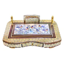 قلمدان خاتم کاری چوبی صنایع دستی فاخر مدل مدیریتی طرح گل و مرغ برجسته کد Bl30p20-2f2