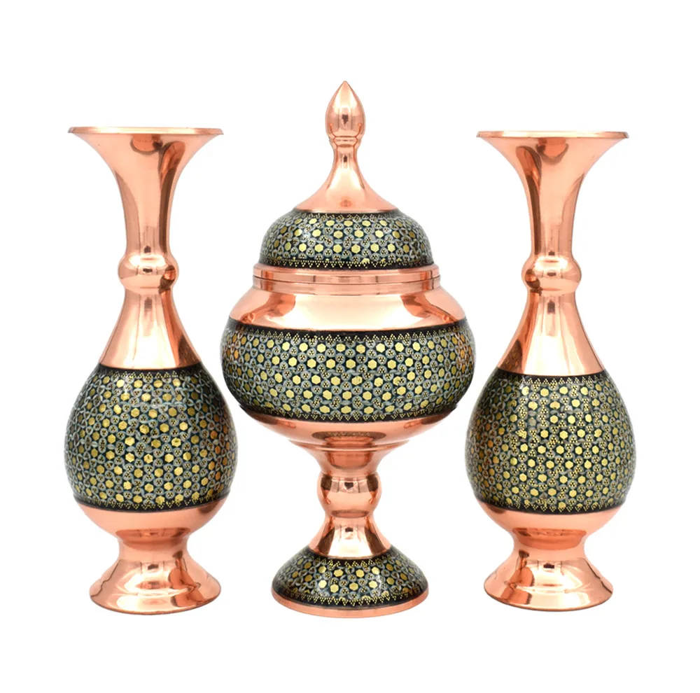 ست 3 تکه گلدان و شکلات خوری خاتم کاری مسی کد 20