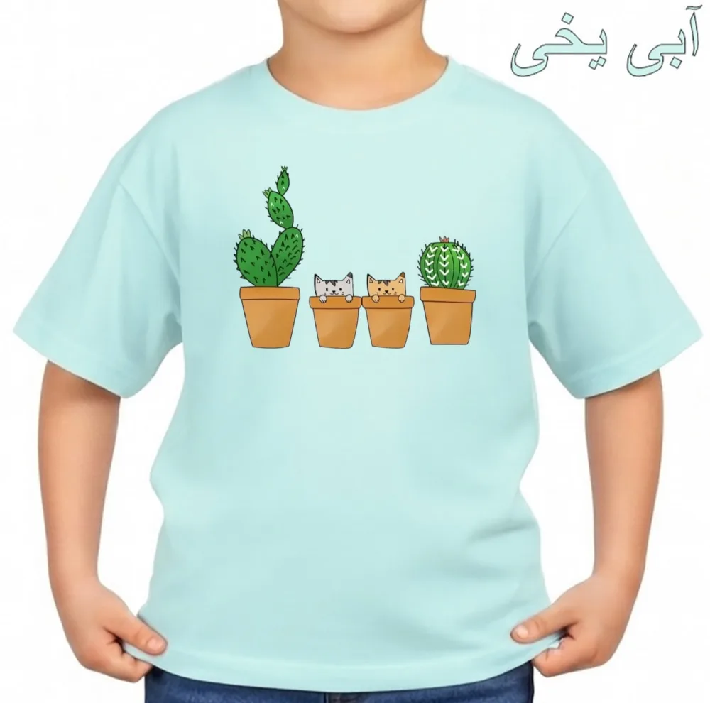 تی‌شرت آستین کوتاه بچگانه مدل کاکتوس و گربه کد v2