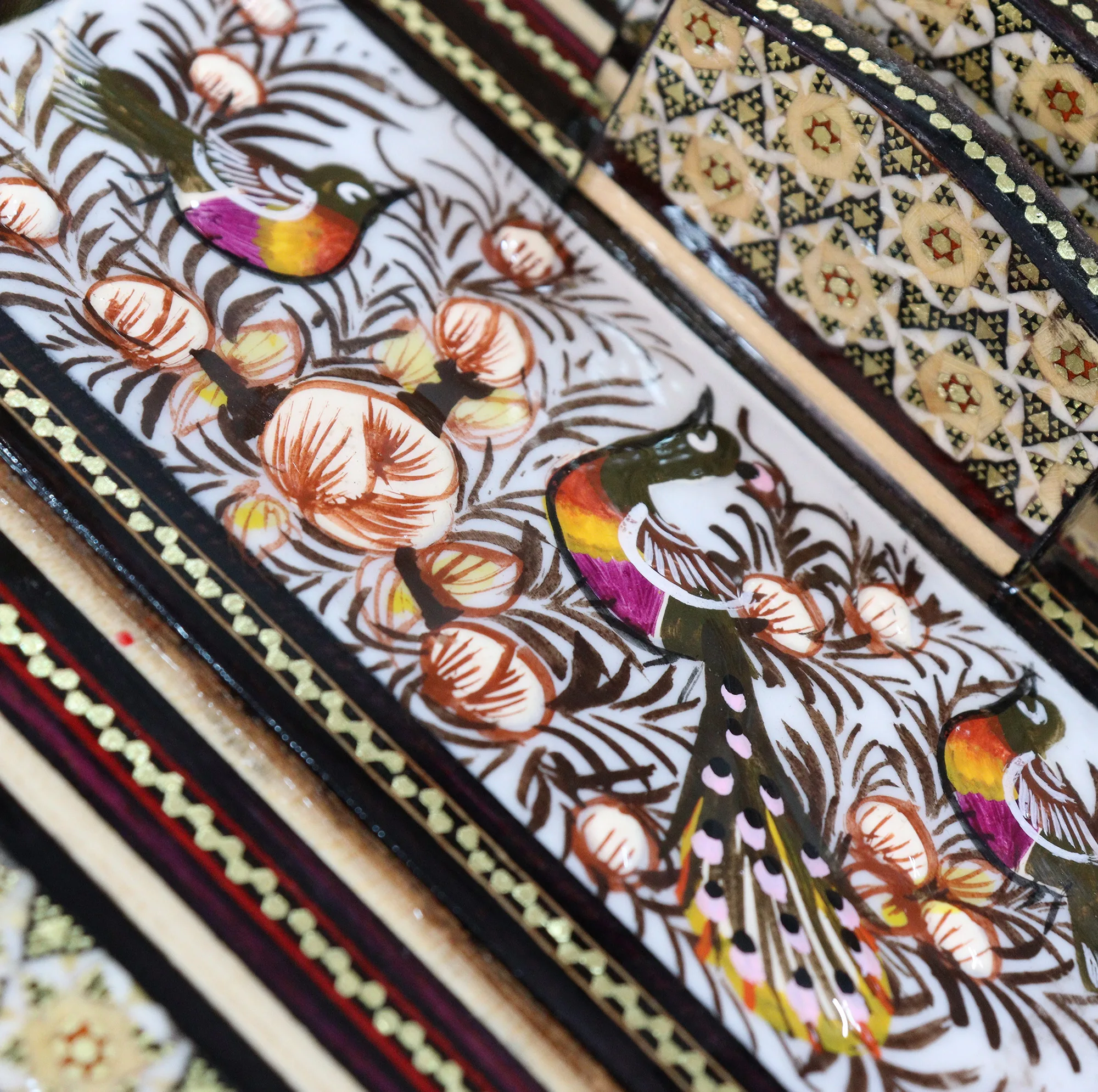 قلمدان خاتم کاری چوبی صنایع دستی فاخر مدل اداری طرح گل و مرغ برجسته کد Br24p16-3f4
