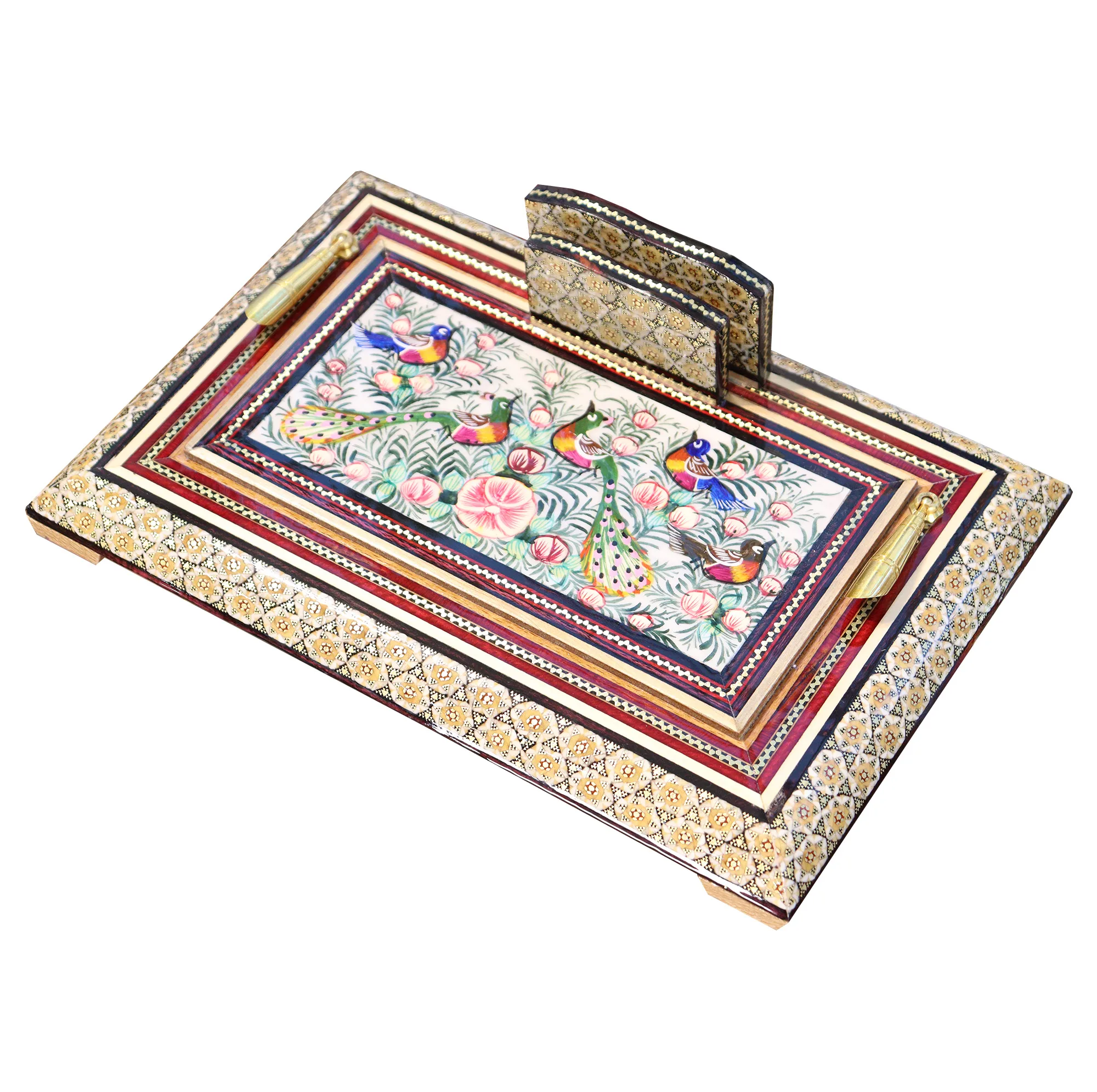قلمدان خاتم کاری چوبی صنایع دستی فاخر مدل اداری طرح گل و مرغ برجسته کد Gr30p20-4f4