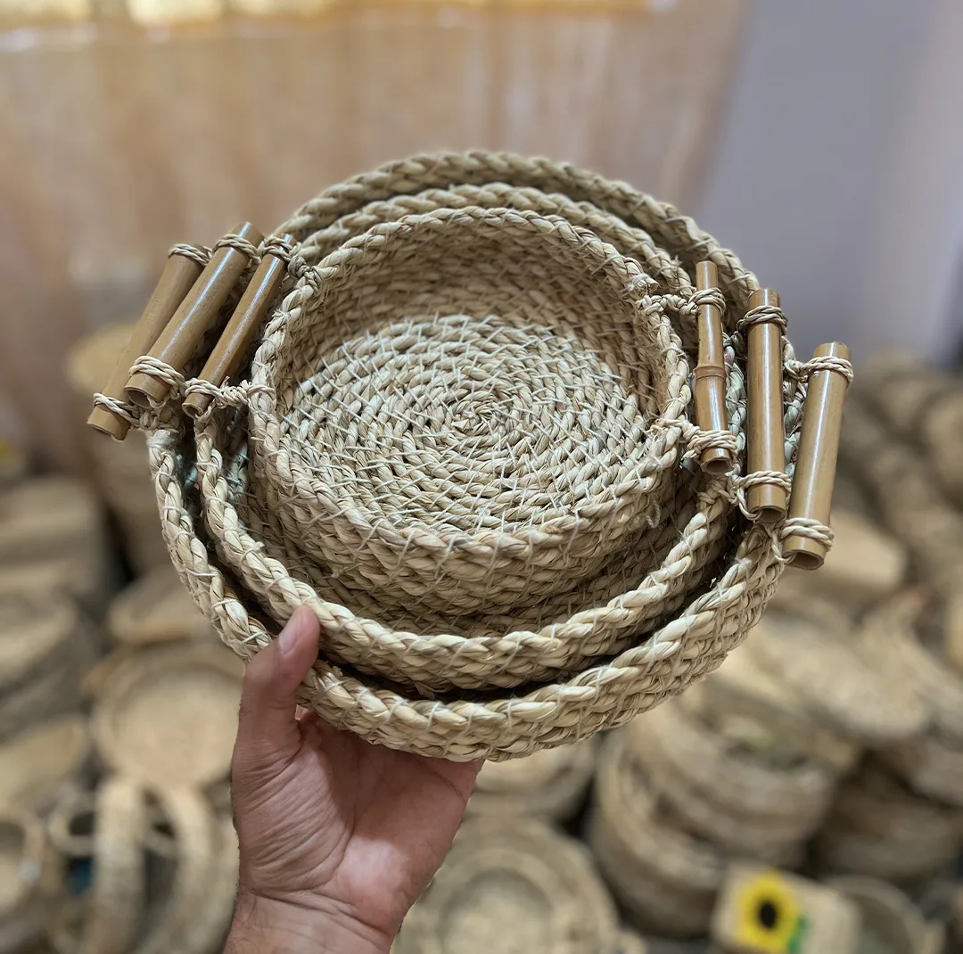 سبد حصیری مدل دسته بامبو مجموعه سه عددی