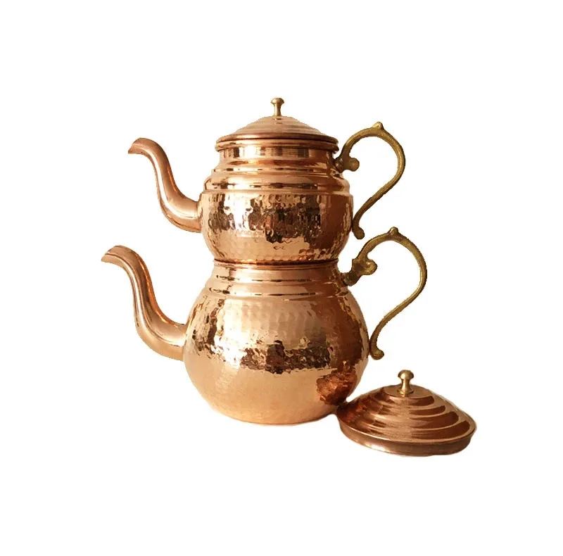 قوری مسی مدل شکمی دسته برنجی کد ZH426 مجموعه 2 عددی