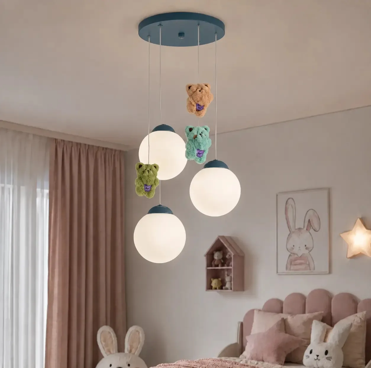 لوستر اتاق کودک چشمه نور کد R1617/3HB-BU مدل خرس خوشحال