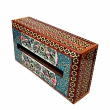 جعبه دستمال کاغذی خاتم کاری چوبی طرح گل و مرغ مدل شیدا کد S3P
