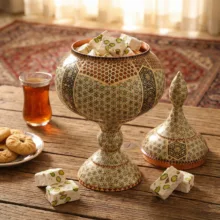 ست 3 تکه شکلات خوری و گلدان خاتم کاری مسی صنایع دستی فاخر مدل تمام خاتم طرح نفیس کد HQ252925