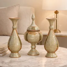 ست 3 تکه شکلات خوری و گلدان خاتم کاری مسی صنایع دستی فاخر مدل تمام خاتم طرح نفیس کد HQ252925