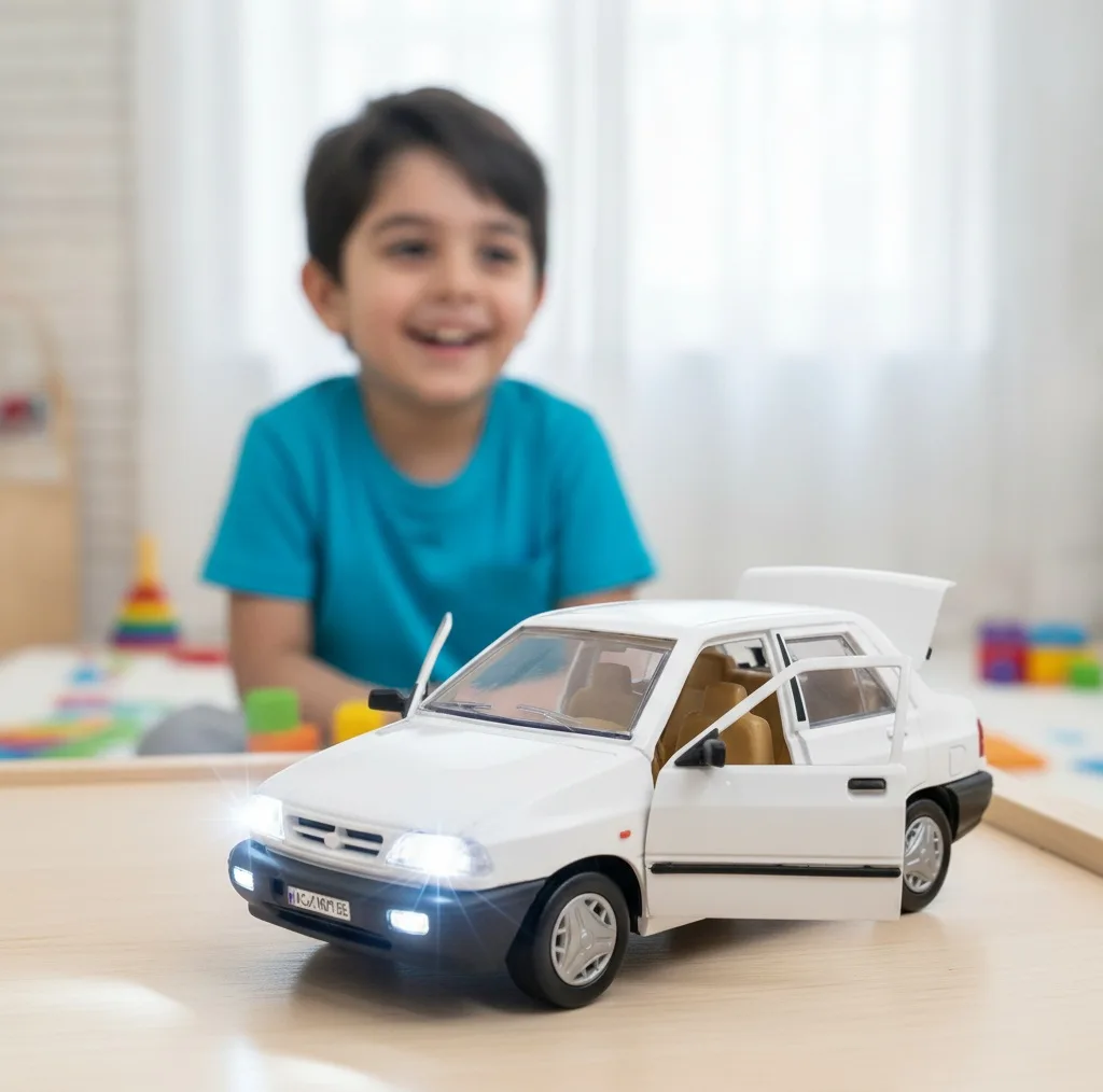 ماشین بازی مدل پراید با قابلیت باز شدن درها و صندوق عقب، چراغهای روشن و چرخهای لاستیکی مناسب بازی کودکانه