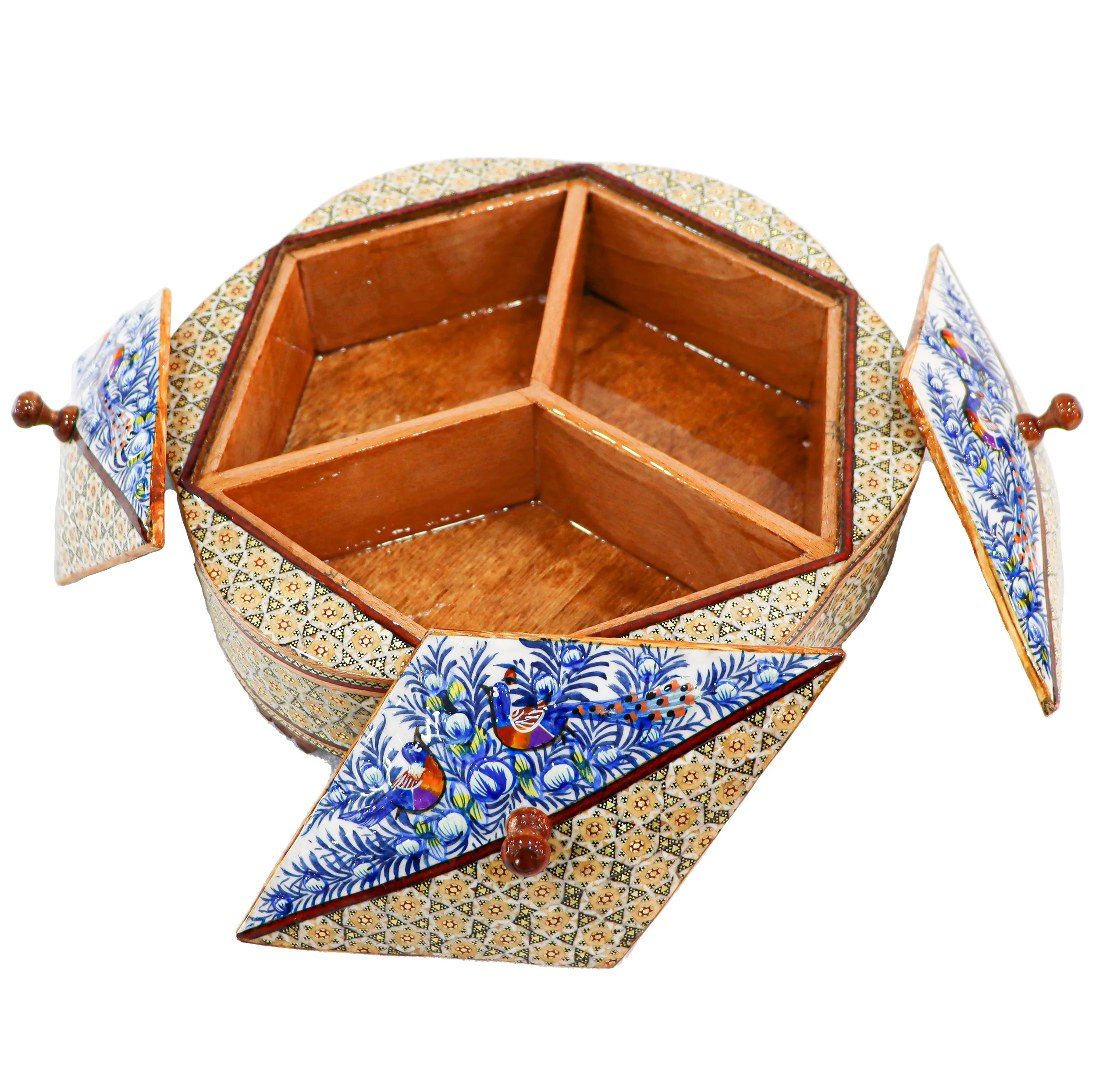 شکلات خوری خاتم کاری صنایع دستی فاخر مدل 3 درب طرح گل و مرغ برجسته کد Bl3d25