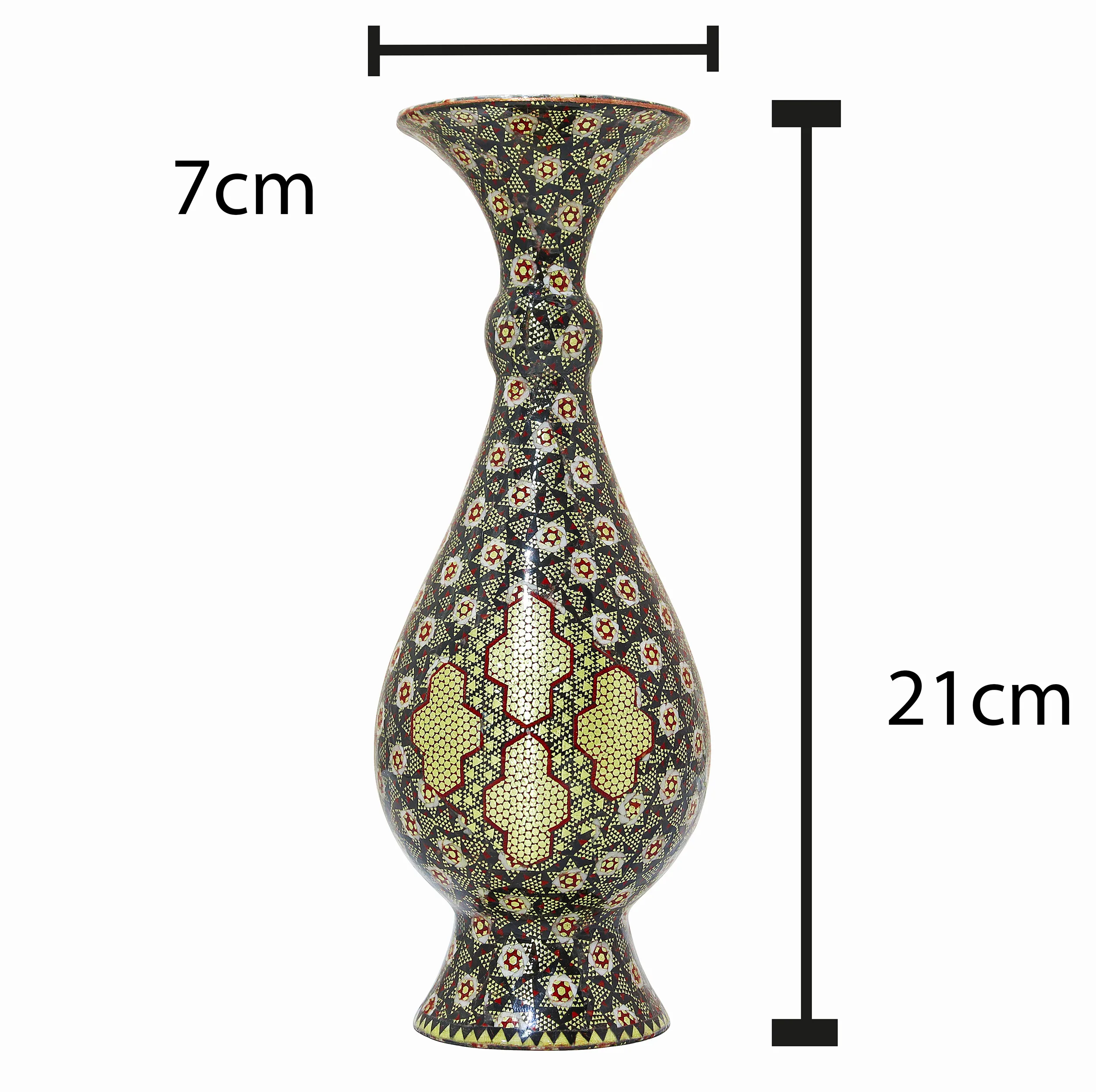 گلدان خاتم کاری مسی صنایع دستی فاخر مدل صراحی تمام خاتم طرح پرسیم کد MQDark-Vase21p7 بسته 2 عددی