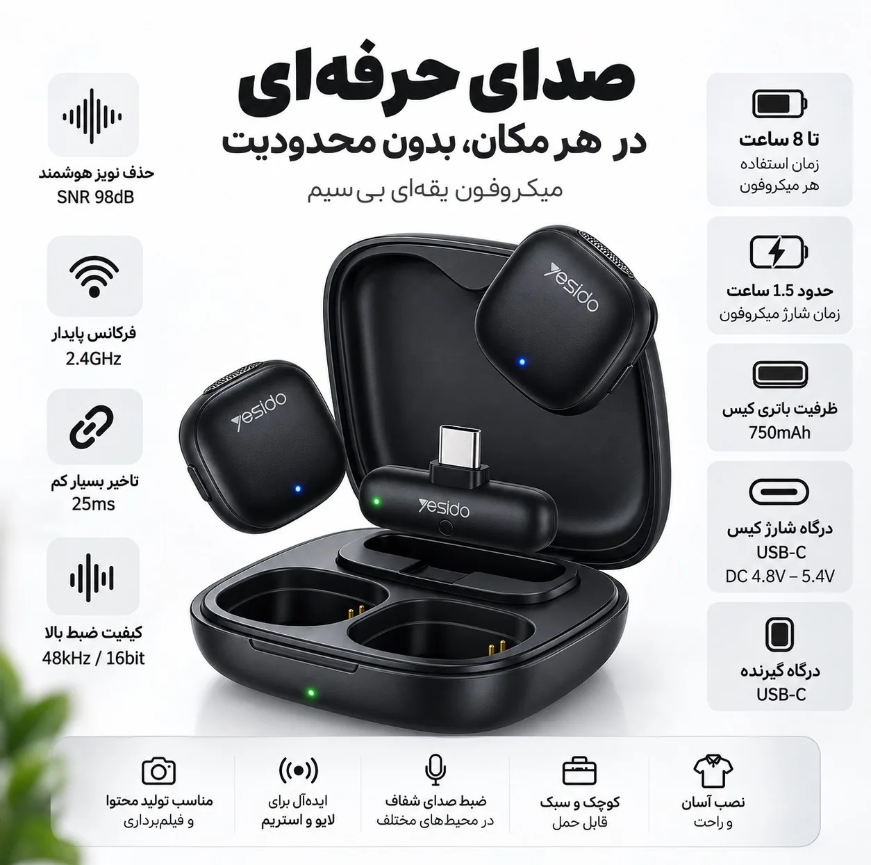 میکروفون یقه ای یسیدو مدل KR21 با درگاه اتصال Type-C