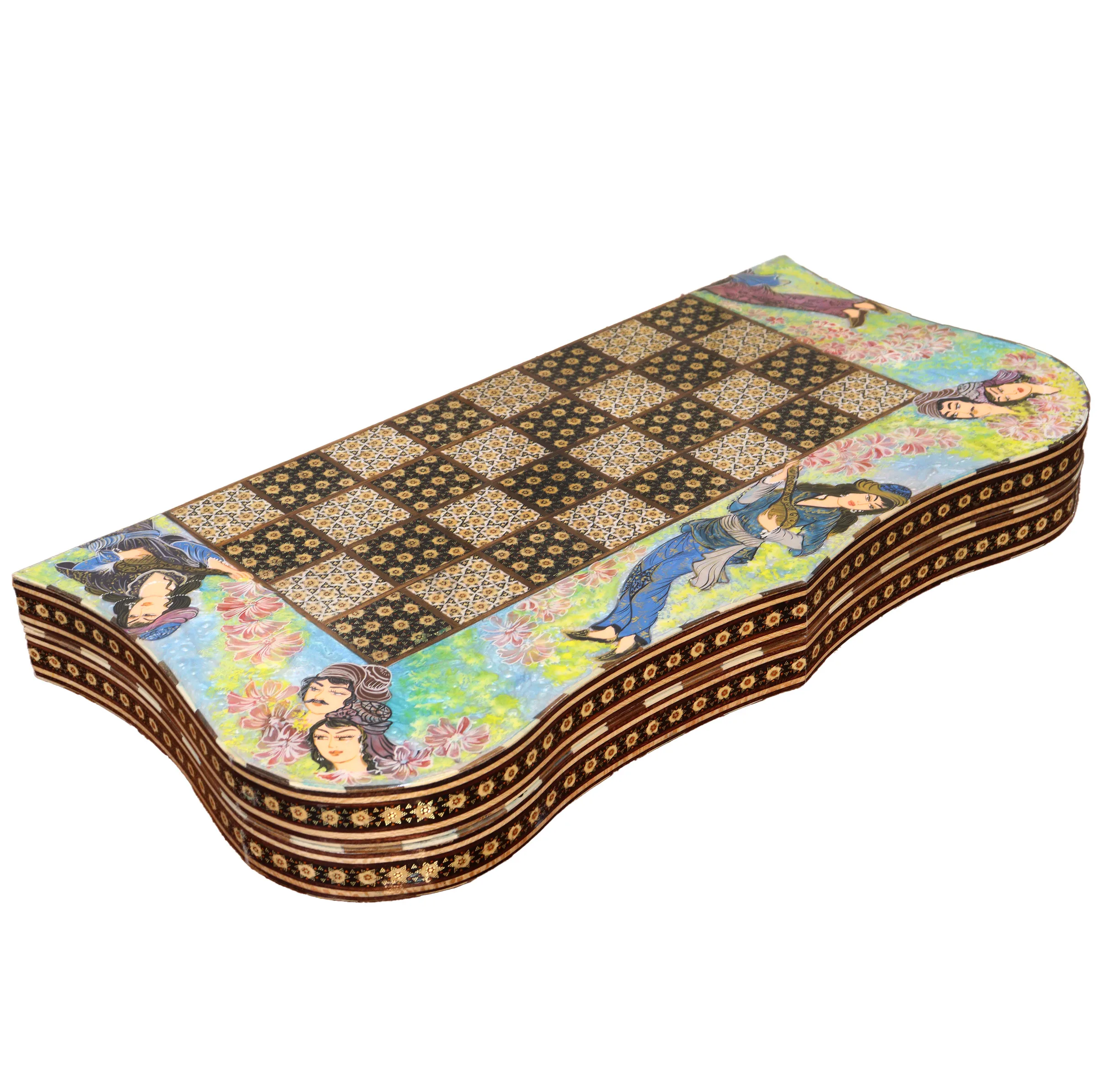صفحه شطرنج خاتم کاری چوبی صنایع دستی فاخر مدل دو منظوره دالبری طرح دختر شاه پریان کد ChessBoard60p60
