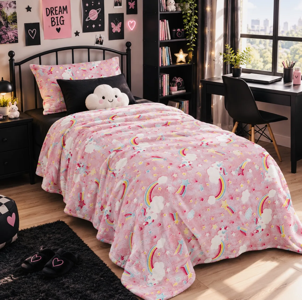 پتو مسافرتی 1 نفره مدل شب نما طرح یونیکورن و رنگین کمان سایز 160×220 سانتی متر