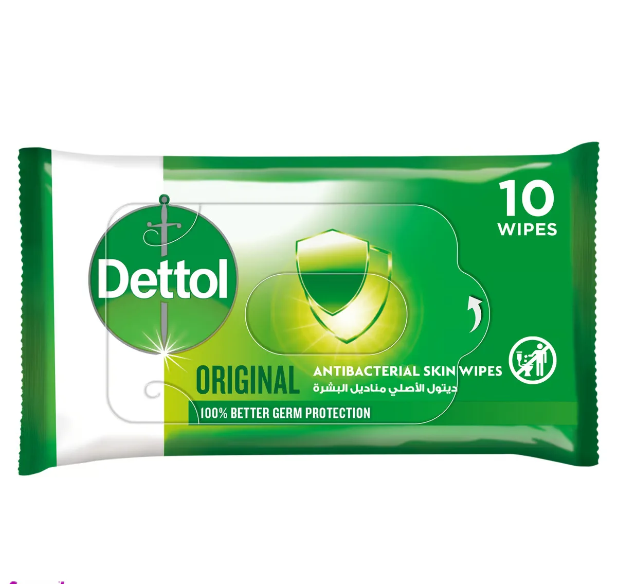 دستمال مرطوب و ضدعفونی کننده دتول مدل 2 در 1 مناسب سطوح و پوست بسته ۱۰ عددی