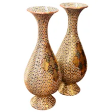 گلدان خاتم کاری مسی صنایع دستی فاخر مدل صراحی طرح پرسیم کد HQLight-Vase25p10 بسته 2 عددی