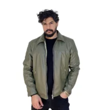 کاپشن چرم مردانه مدل کلاسیک رنگ سبز