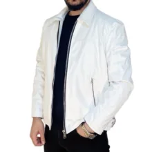 کاپشن چرم مردانه مدل کلاسیک رنگ سفید