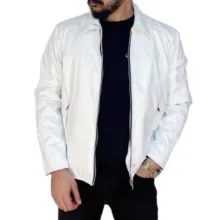 کاپشن چرم مردانه مدل کلاسیک رنگ سفید