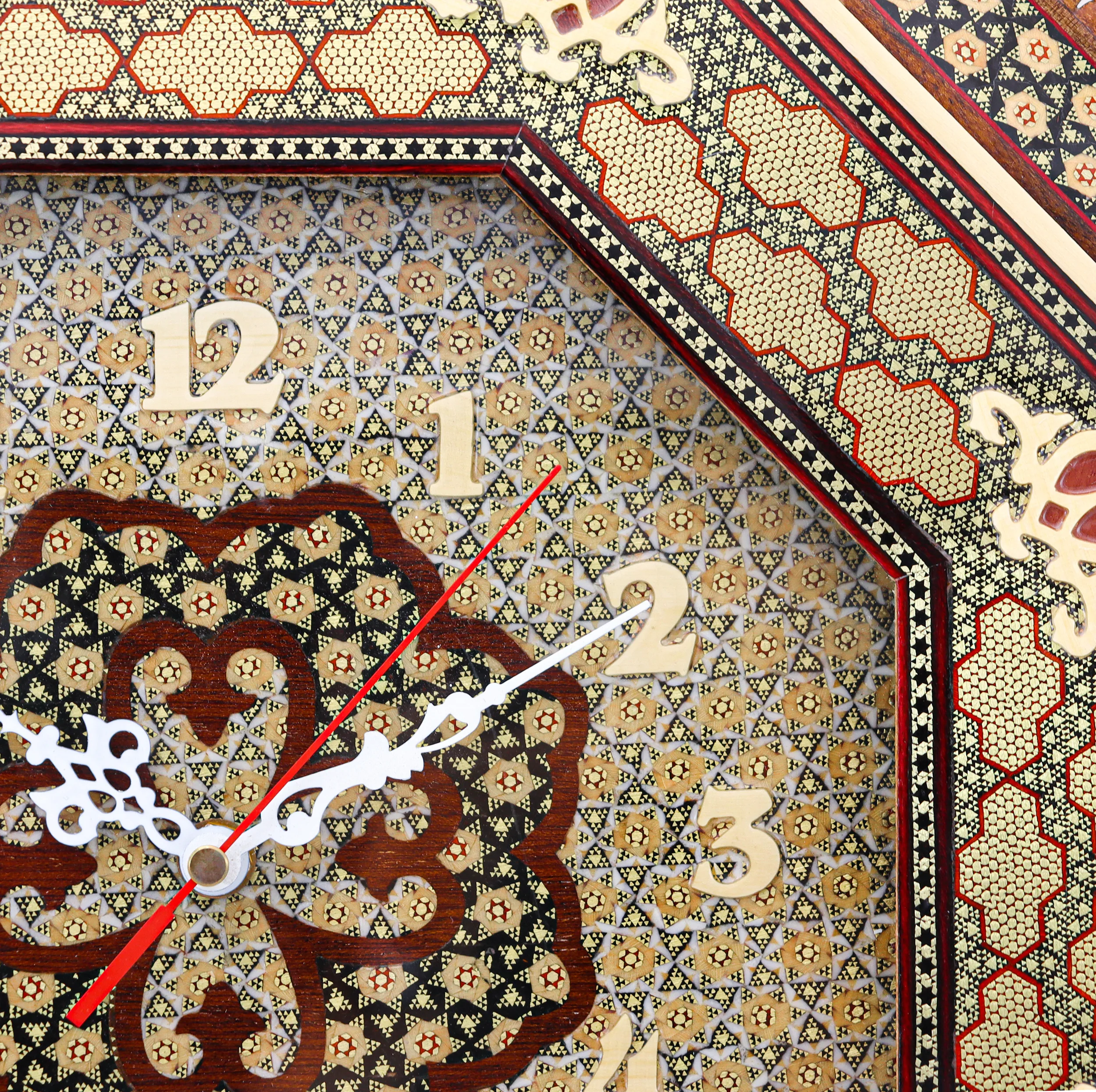 ساعت خاتم کاری چوبی صنایع دستی فاخر مدل 8 ضلعی کد HQ45d23light