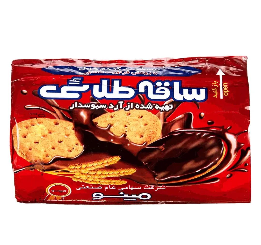 بیسکویت روکش دار شکلاتی سبوس دار ساقه طلایی مینو وزن 220 گرم