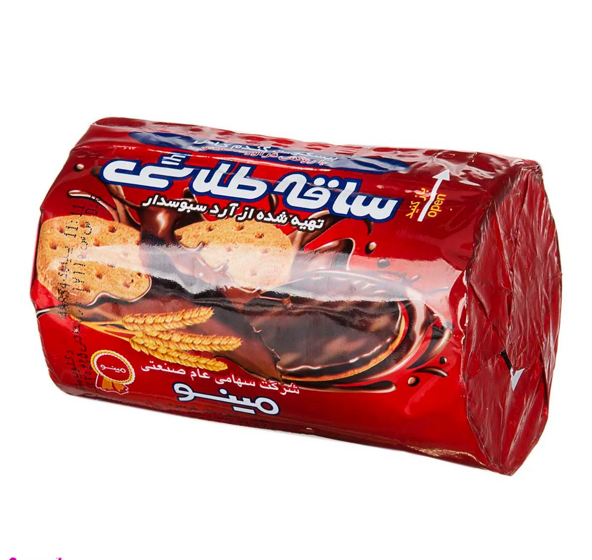 بیسکویت روکش دار شکلاتی سبوس دار ساقه طلایی مینو وزن 220 گرم