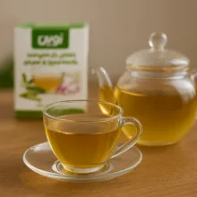 دمنوش چای سبز با علف لیمو و زعفران نوین بسته ۲۰ عددی
