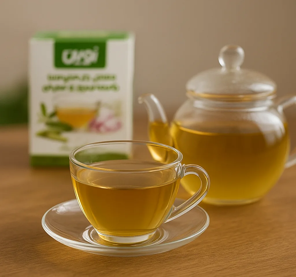 دمنوش چای سبز با علف لیمو و زعفران نوین بسته ۲۰ عددی