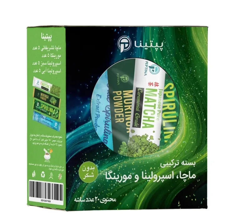 بسته ترکیبی ماچا، اسپیرولینا و مورینگا پپتینا وزن 10 گرم بسته 20 عددی