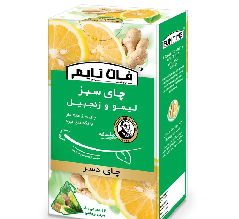 چای دسر سبز طعم دار با تکه های میوه لیمو و زنجبیل فان تایم بسته 12 عددی
