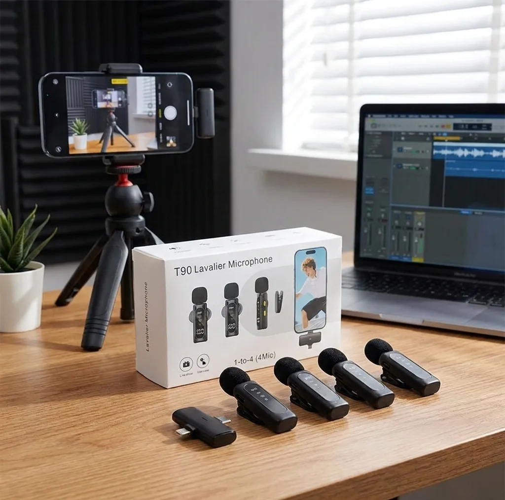 میکروفون حرفه‌ای بی‌سیم مدل T90 4MIC با درگاه تایپ سی و لایتنینگ و 4 میکروفون