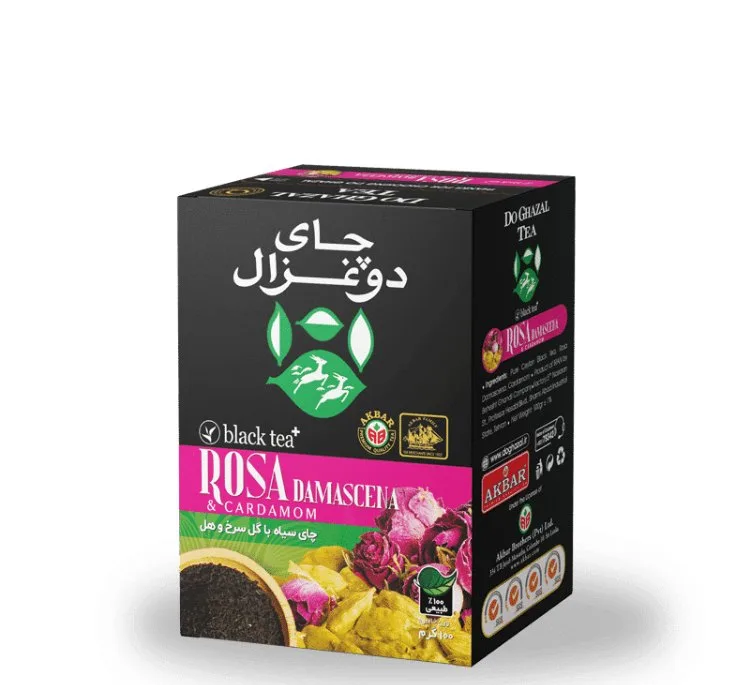 چای سیاه هل و غنچه گل محمدی دو غزال وزن 100 گرم