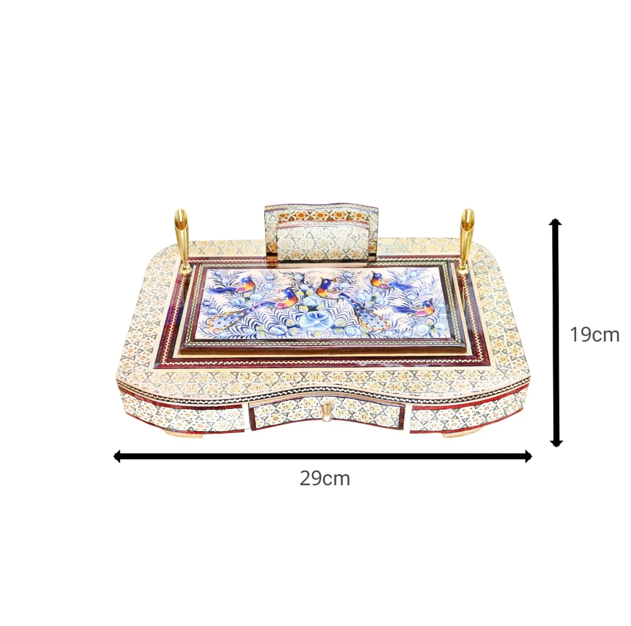 قلمدان خاتم کاری چوبی صنایع دستی فاخر مدل مدیریتی طرح گل و مرغ برجسته کد Bl30p20-2f2