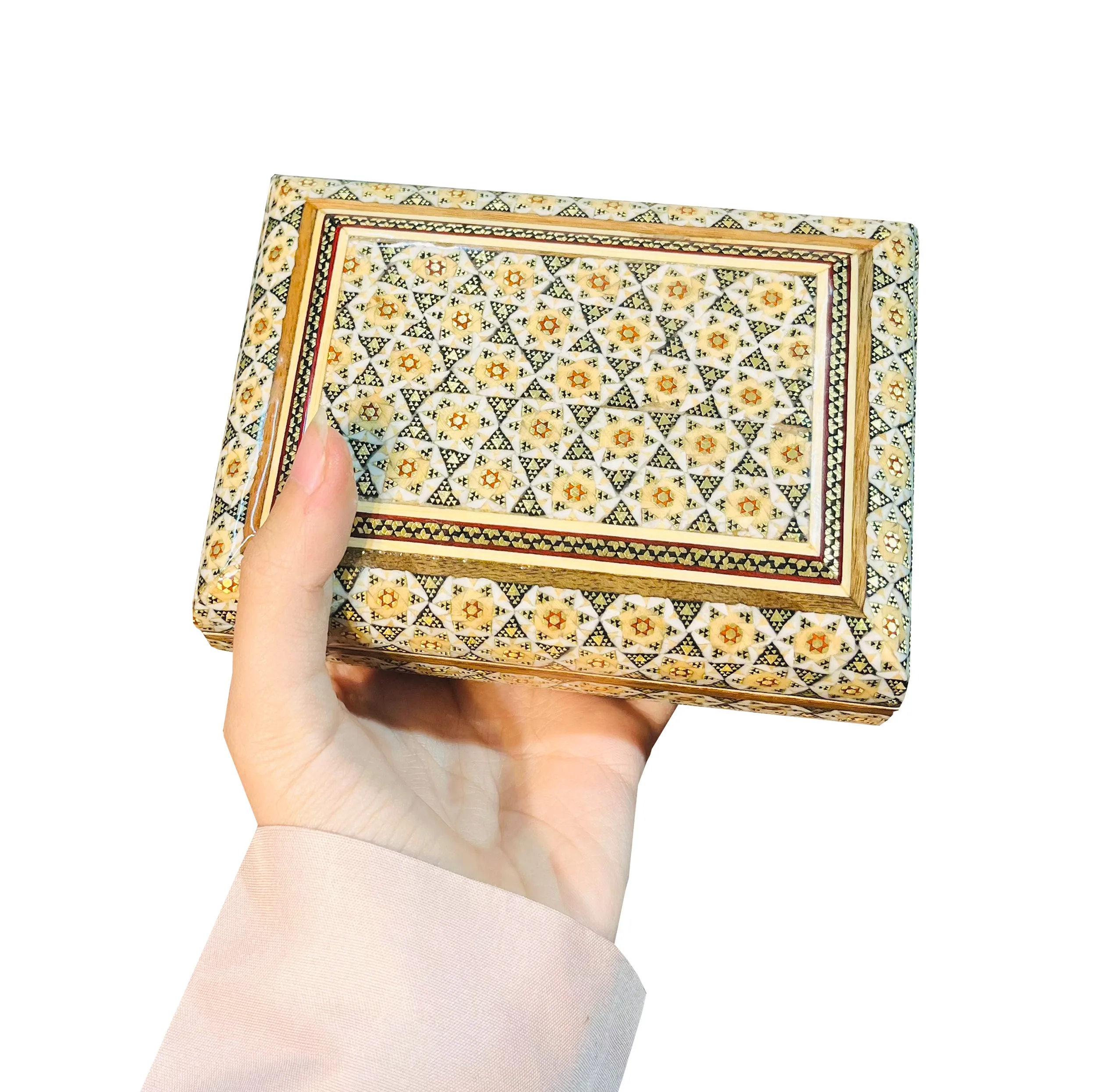 جعبه جواهرات خاتم کاری صنایع دستی فاخر  طرح خورشیدی کد FullHQGold14p10-2f3