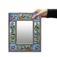 آینه خاتم کاری مدل مینیاتور برجسته طرح گل و مرغ کد 2824GrBl