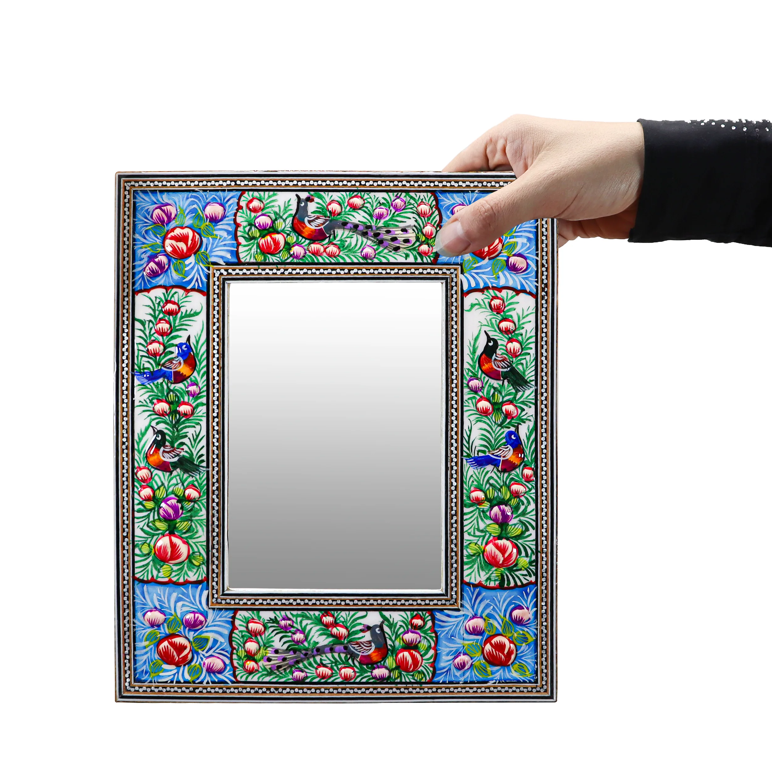 آینه خاتم کاری مدل مینیاتور برجسته طرح گل و مرغ کد 2824GrBl