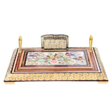 قلمدان خاتم کاری چوبی صنایع دستی فاخر مدل اداری طرح گل و مرغ برجسته کد Gr30p20-4f4