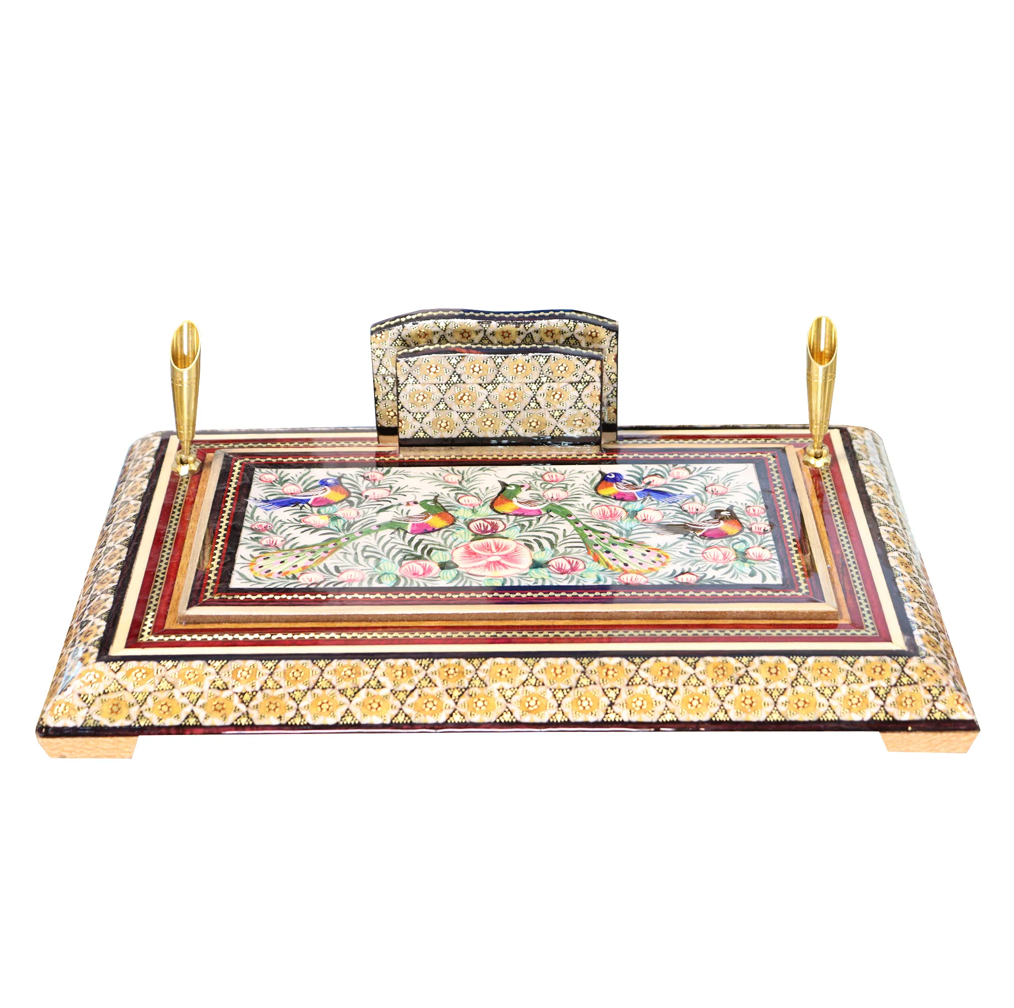 قلمدان خاتم کاری چوبی صنایع دستی فاخر مدل اداری طرح گل و مرغ برجسته کد Gr30p20-4f4