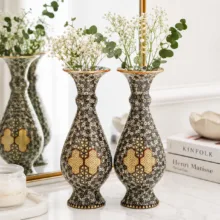 گلدان خاتم کاری مسی صنایع دستی فاخر مدل صراحی طرح پرسیم کد PHQDkGr-Vase16p5 بسته 2 عددی
