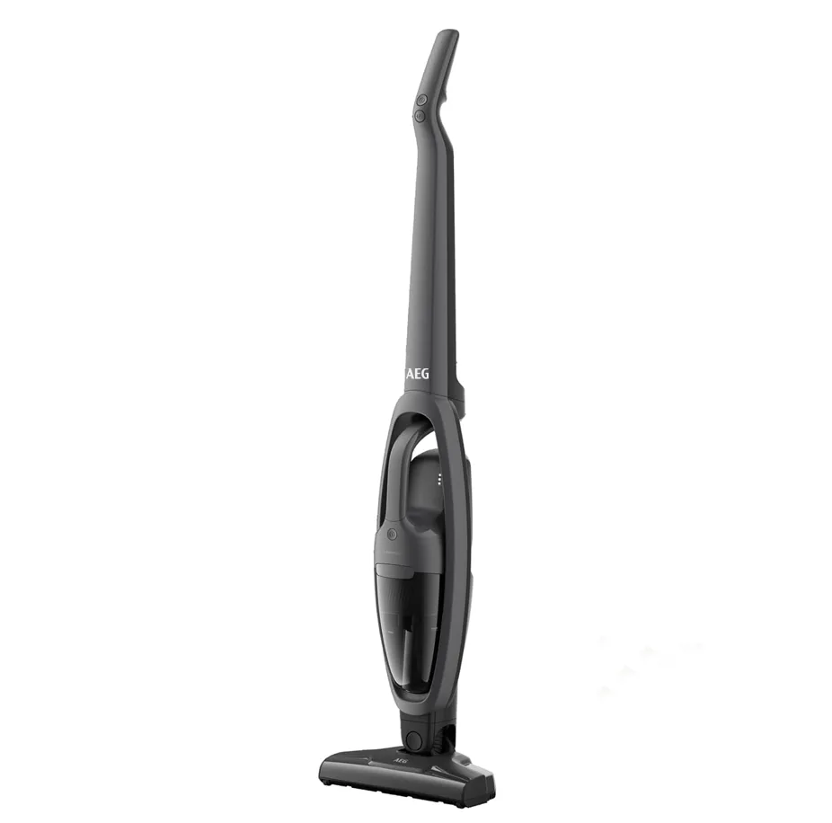 جارو شارژی عصایی آ ا گ مدل AS52CB با عملکرد 2 در 1 دستی و ایستاده، باتری لیتیوم-یونی 2800 میلیآمپرساعت، کارکرد تا 45 دقیقه، مخزن 0.3 لیتری، فیلتر قابل شستوشو و چراغ LED