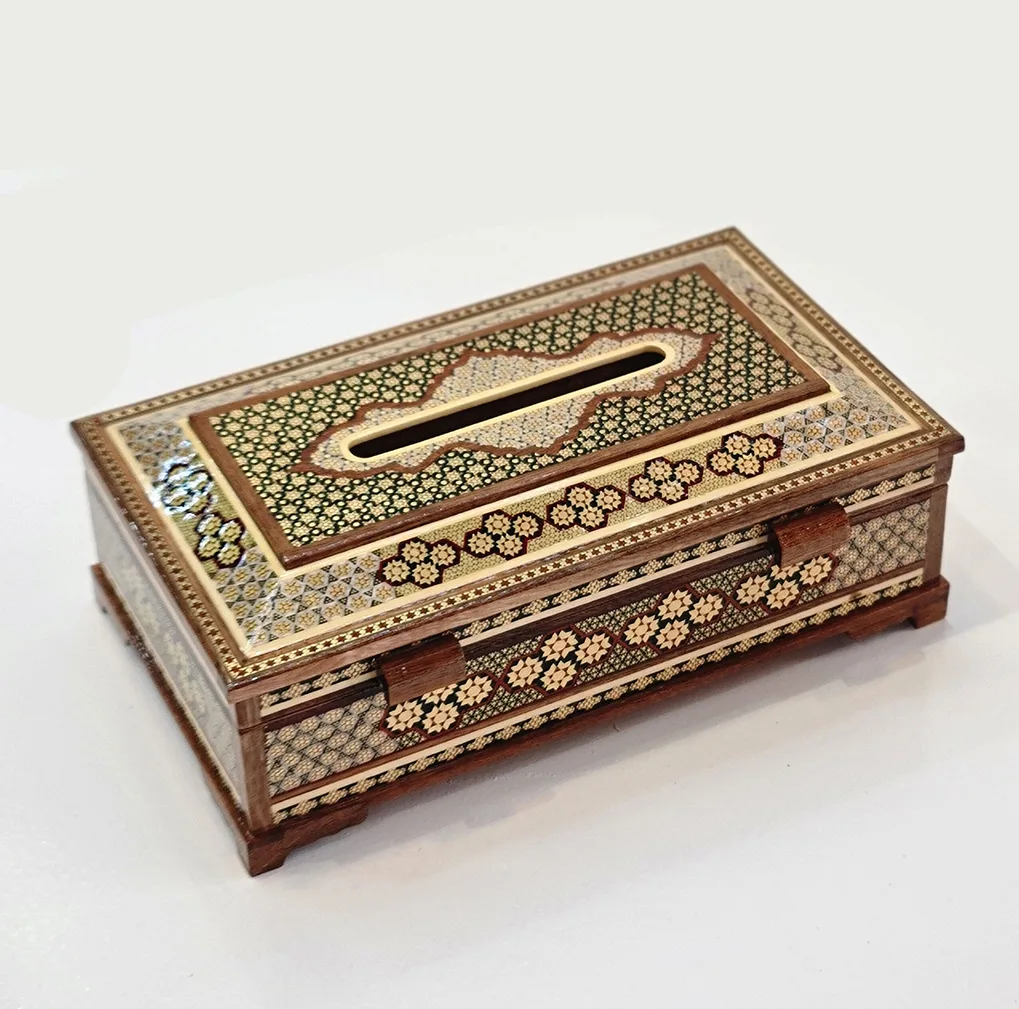 جعبه دستمال کاغذی خاتم کاری چوبی مدل کلبه ای لاله ای